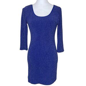 Trixxi Blue Silver Sparkle Metallic Cut Out Back 3/4 Sleeve Mini Dress Sz Medium